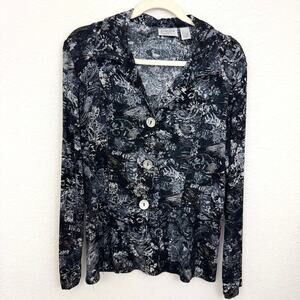 Chico's Womens Travelers Slinky Top Blouse Size M Acetate Stretch Metallic Black